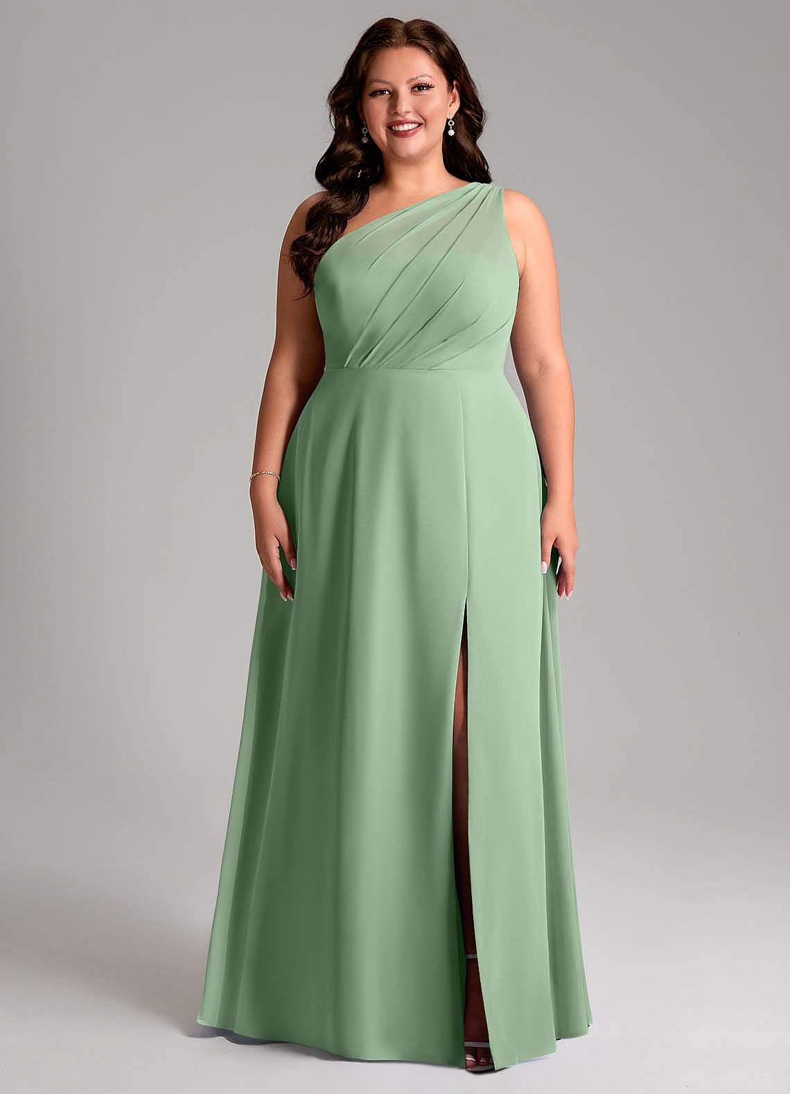 Azazie Phaedra Bridesmaid Dresses Matcha A-Line One Shoulder Chiffon Dress image1