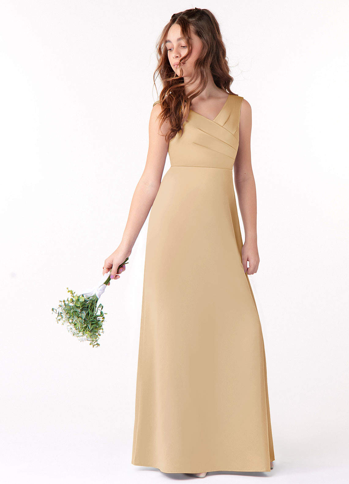 Azazie A Line Princess V Neck Floor Length Stretch Satin Junior Bridesmaid Dresses Gold