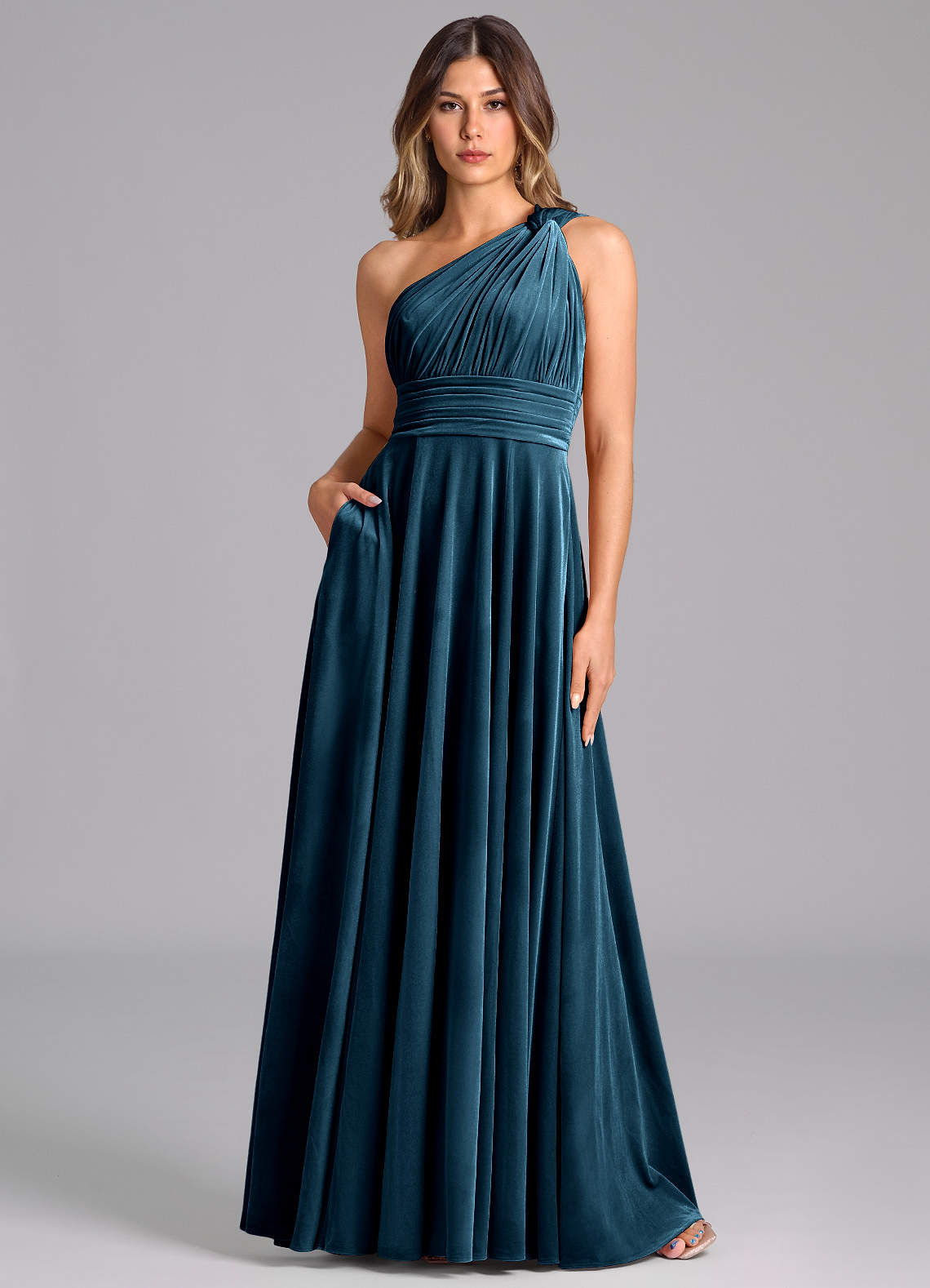 Azazie Charlize Bridesmaid Dresses Blue Topaz A-Line One Shoulder Velvet Dress image1