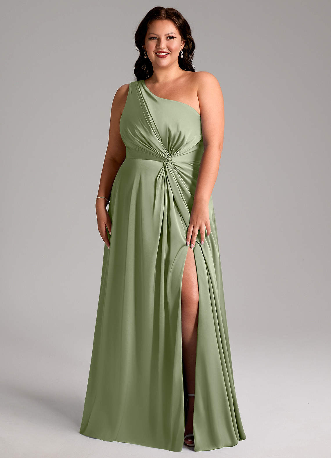 Azazie Brooke Bridesmaid Dresses Pistachio A-Line One Shoulder Stretch Satin Dress image1