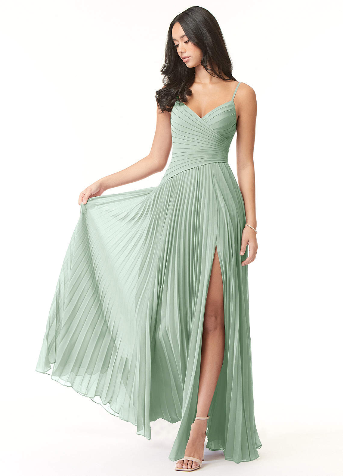 Azazie Vini Bridesmaid Dresses Agave A-Line V-Neck Pleated Chiffon Dress image1