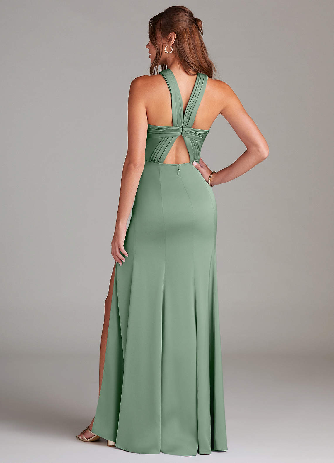 Azazie Rue Bridesmaid Dresses Matcha A-Line Pleated Stretch Satin Dress image6