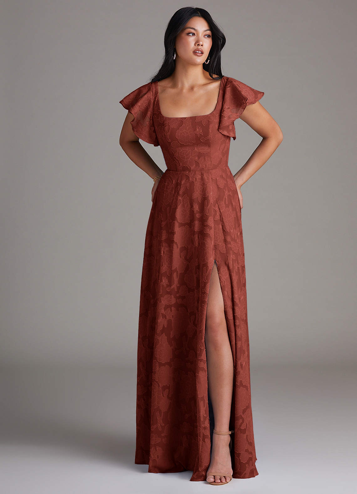 Azazie Bondi Bridesmaid Dresses Terracotta A-Line Side Slit Floral Burnout Dress image3