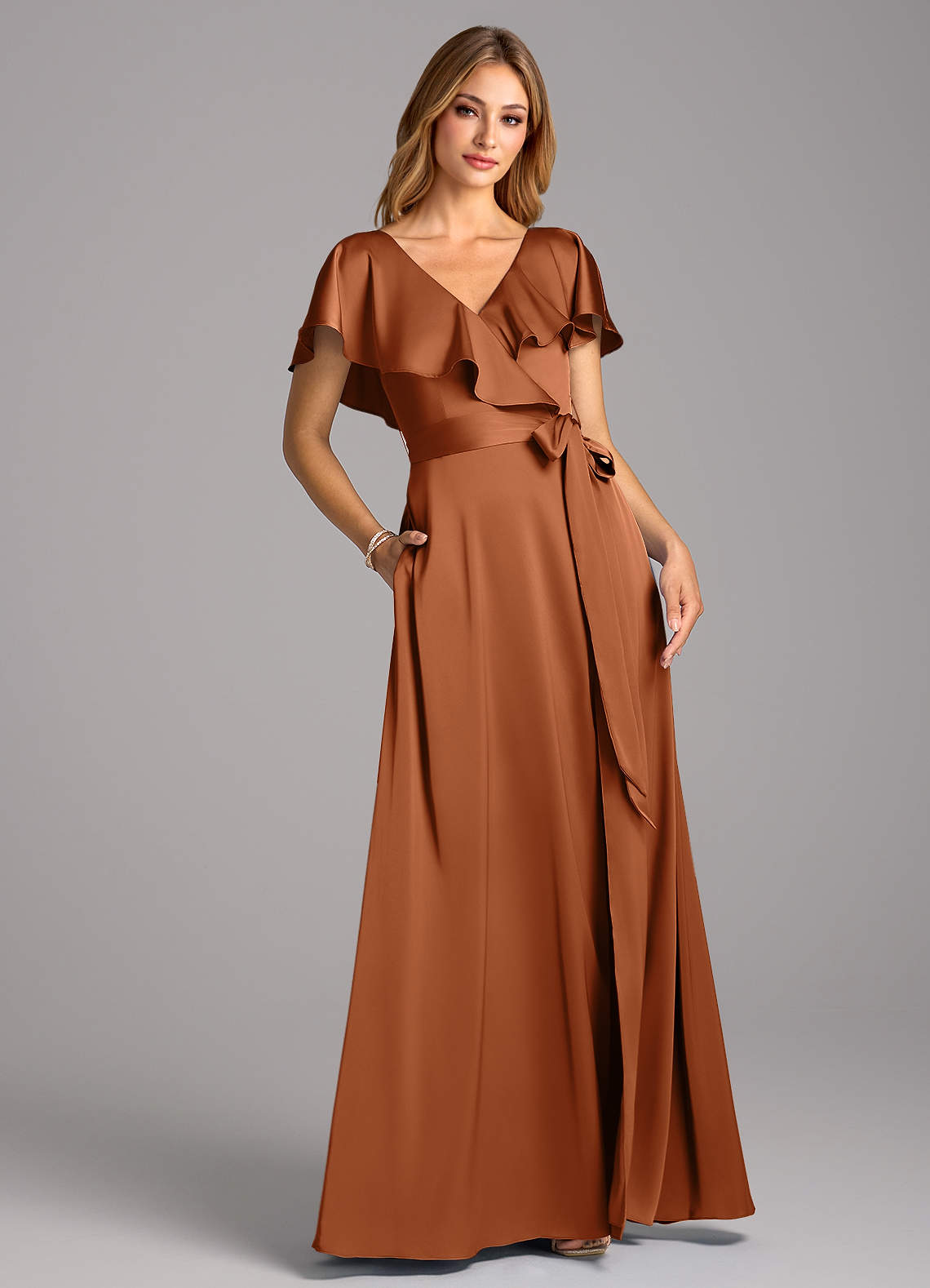 Azazie Lainey Bridesmaid Dresses Copper A-Line with Pockets Stretch Satin Dress image1