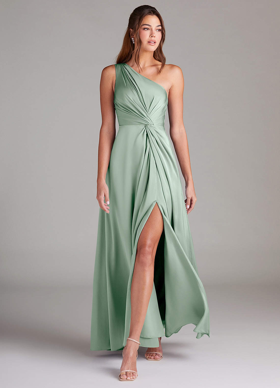 Azazie Brooke Bridesmaid Dresses Agave A-Line One Shoulder Stretch Satin Dress image2