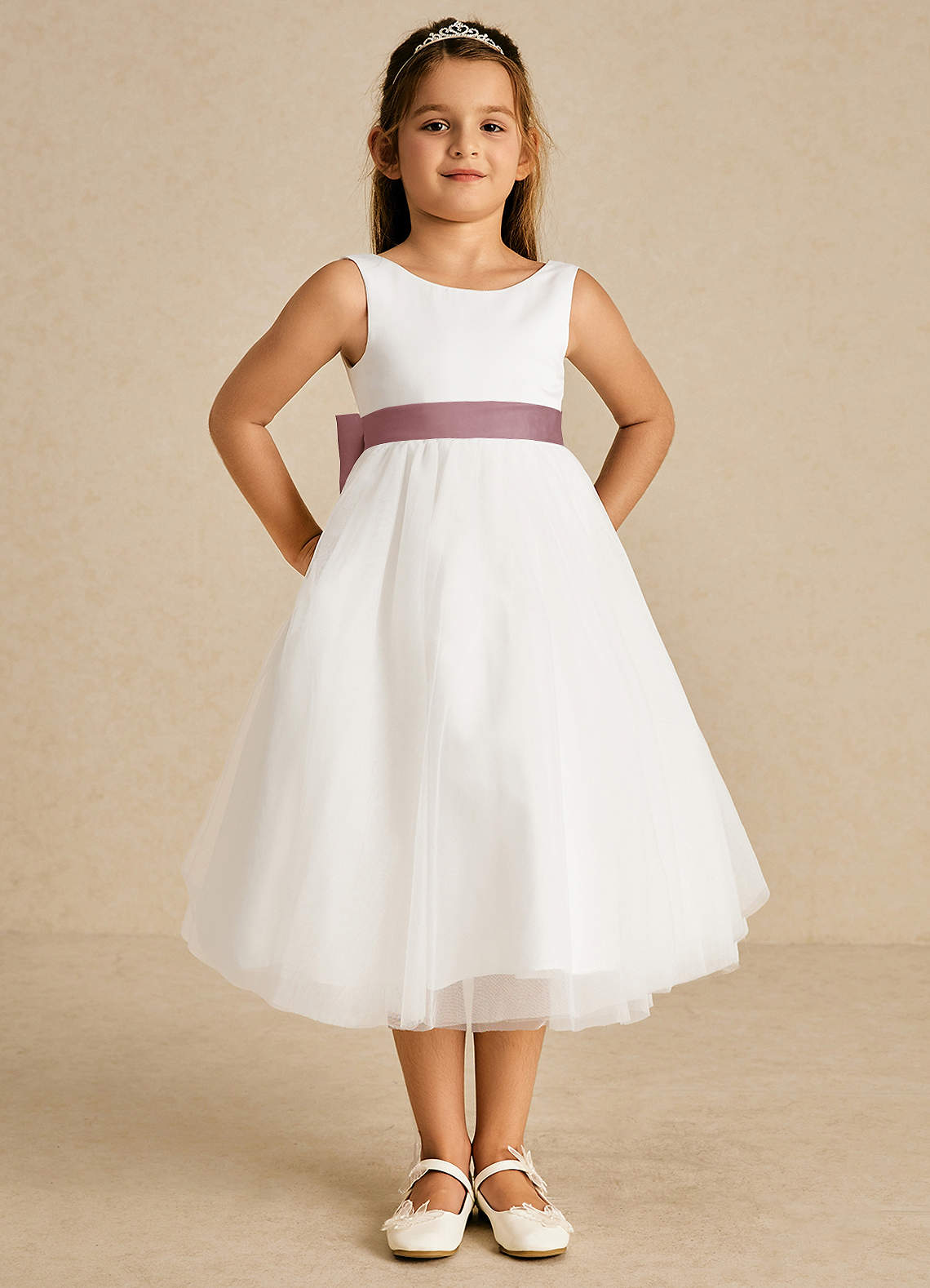 Azazie Kavi Flower Girl Dresses Ivory Dusty Rose A-Line Bow Matte Satin Dress image1