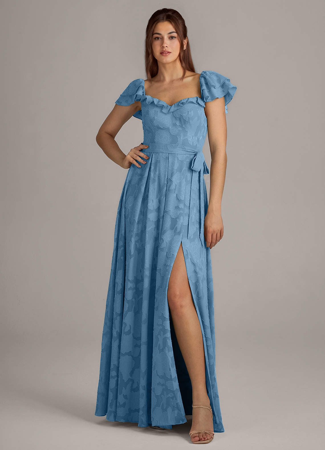 Azazie Aricella Bridesmaid Dresses Steel Blue A-Line Corset Floral Burnout Dress image1
