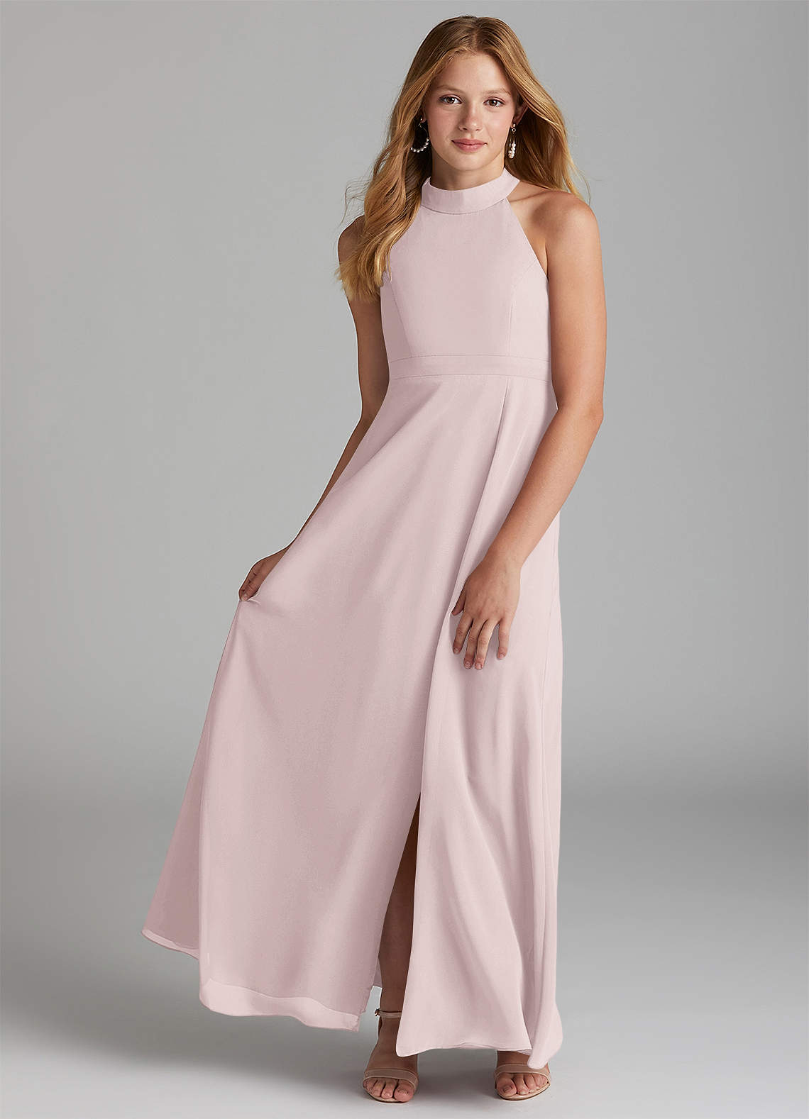 Azazie Clarice Junior Robe Trapèze en Mousseline de soie Fente Latérale Rose Pâle image1