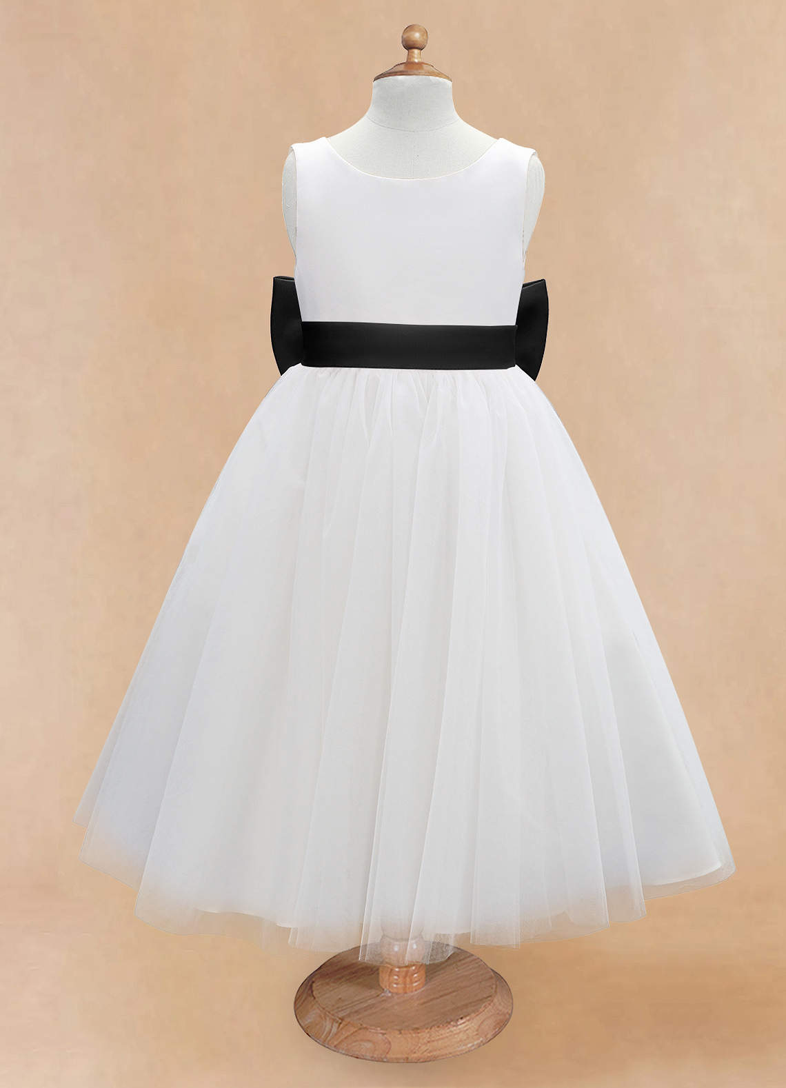 Azazie Kavi Flower Girl Dresses Ivory Black A-Line Bow Matte Satin Dress image6