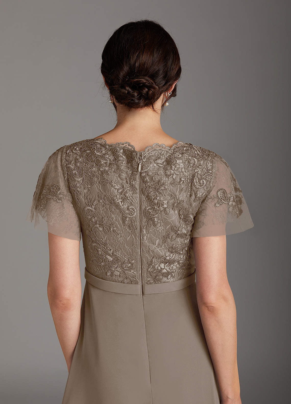 Azazie Singer Taupe A-Line V-Neck Lace Chiffon Dress | Azazie