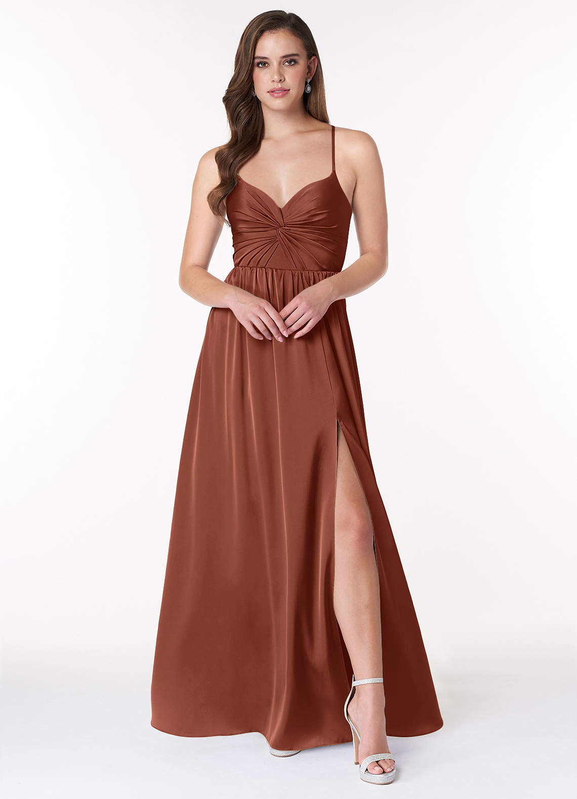 Azazie Raya Bridesmaid Dresses Clay A-Line V-Neck Pleated Stretch Satin Dress image1