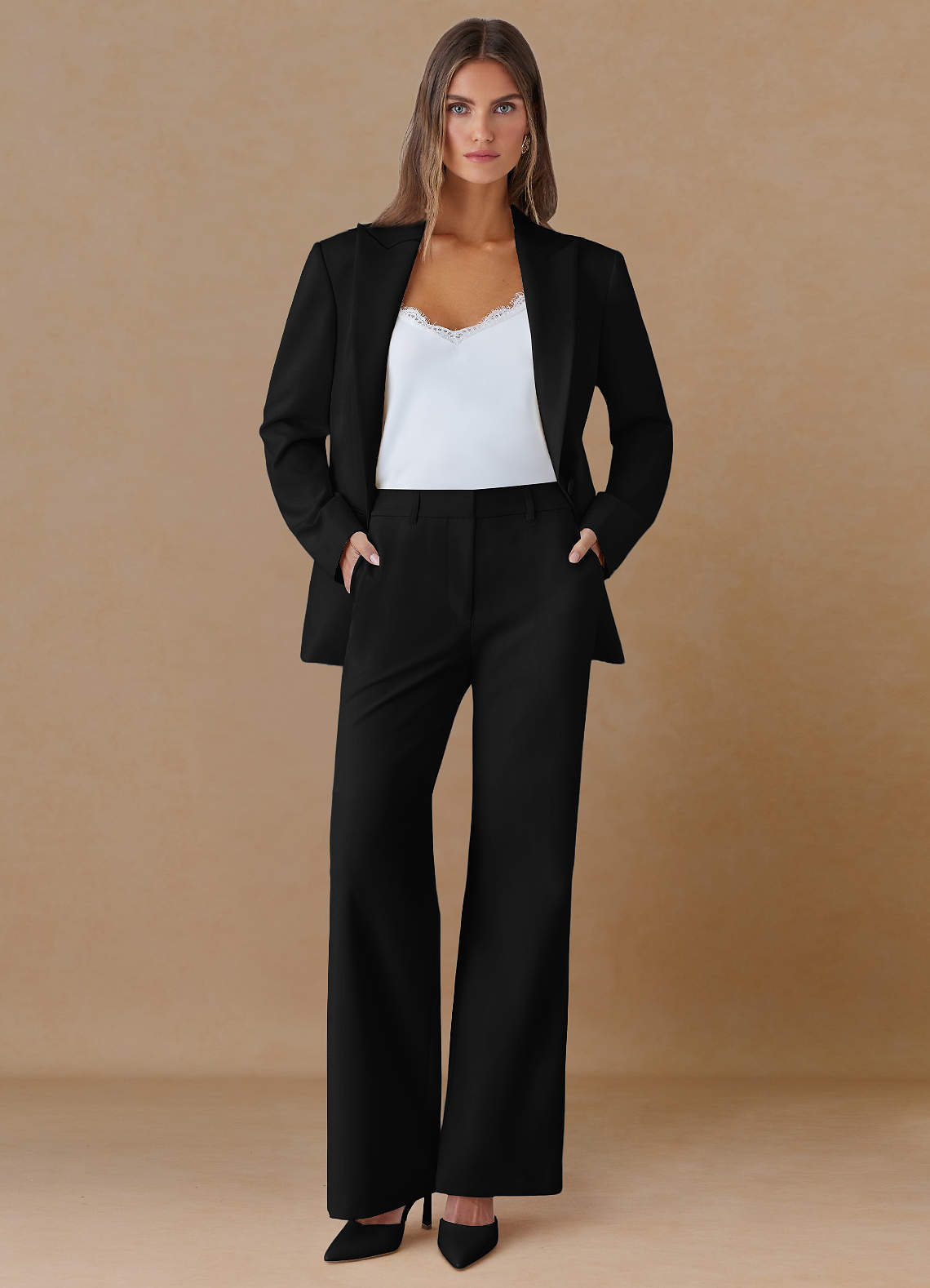 front Marina 검은색 고급 직조 스트레이트 팬츠