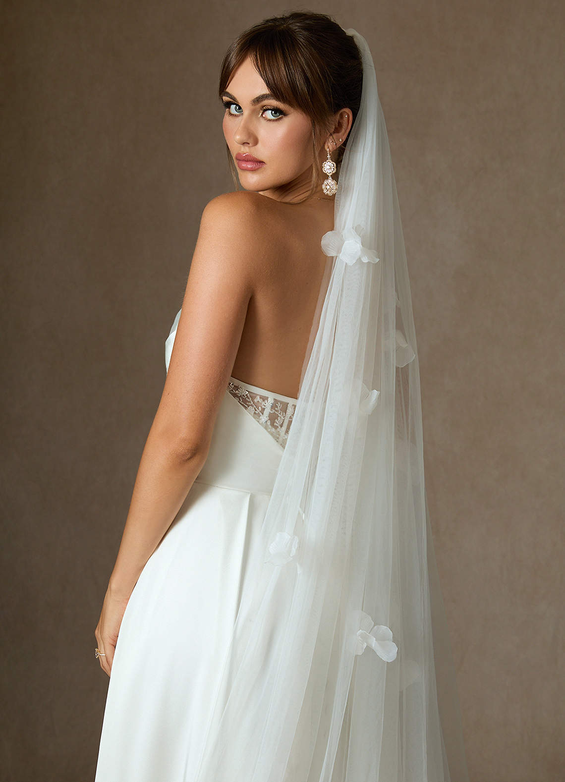 front Scattered 3D Flowers Cathedral Length Veil