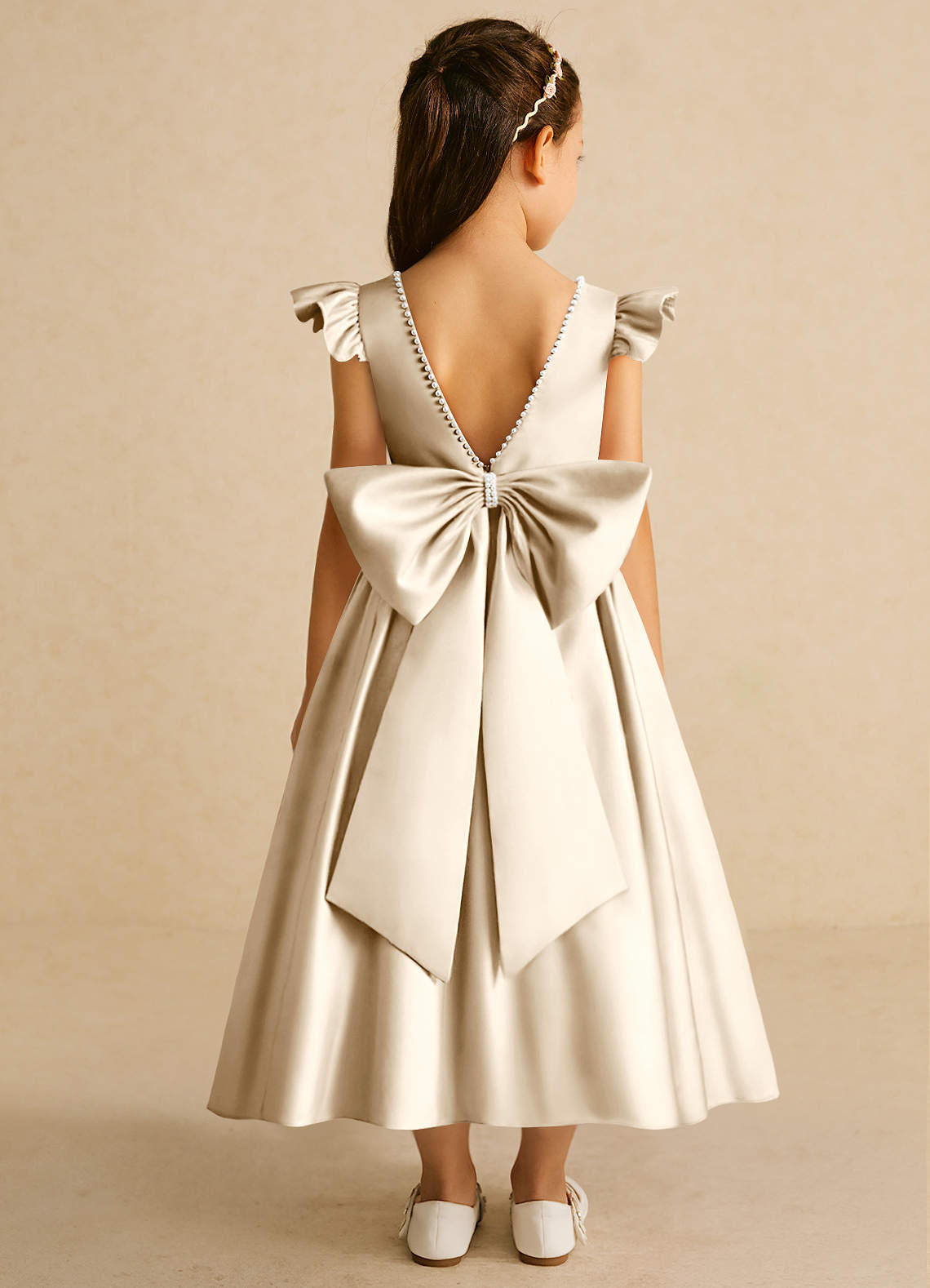 Azazie Dumpling Flower Girl Dresses Champagne A-Line Bow Matte Satin Dress image1