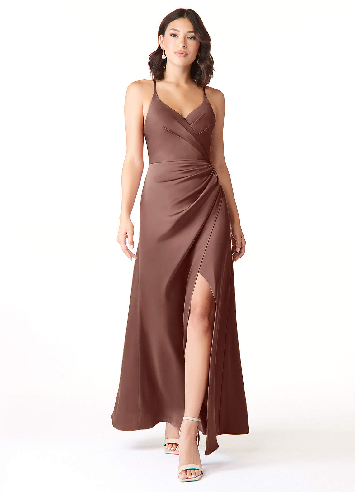 Azazie Geanna Brautjungfernkleider Etui V-Hals Gefaltet Stretch-Satin Kleid Espresso image1