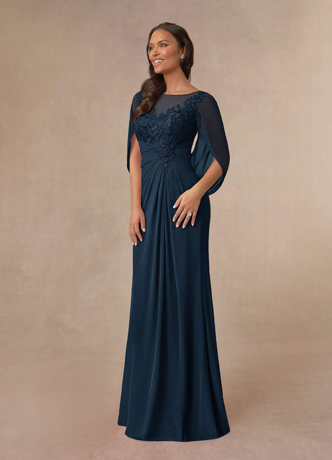 Azazie Hera At-home Try On Dresses Dark Navy A-Line Lace Capelet Chiffon Dress image1
