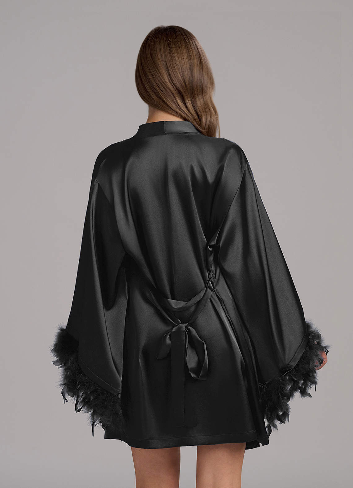 front Satin 3-Piece Loungewear Set With Feather Sleeves