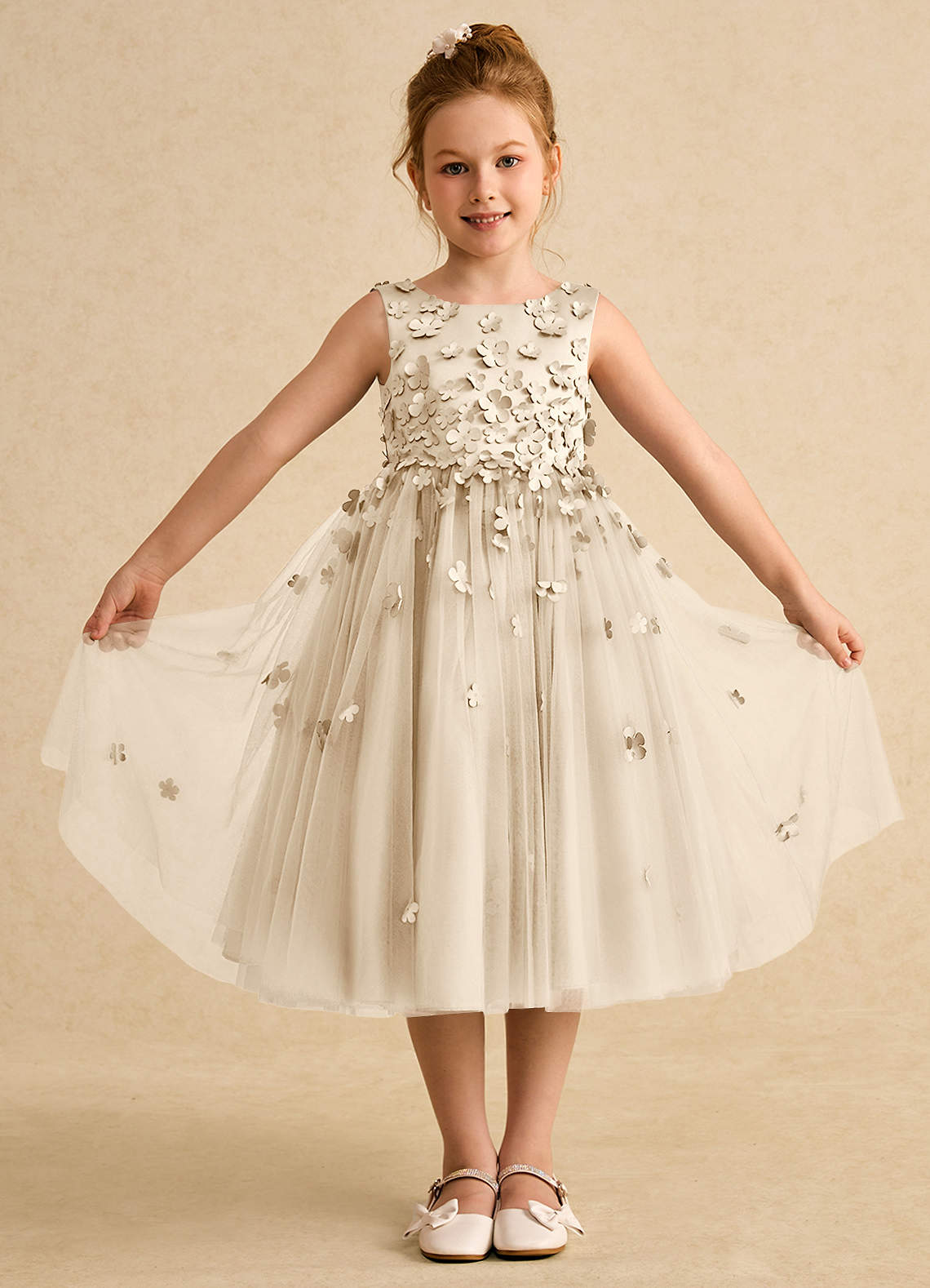 Azazie Lana Flower Girl Dresses Champagne A-Line Sleeveless Matte Satin Dress image1