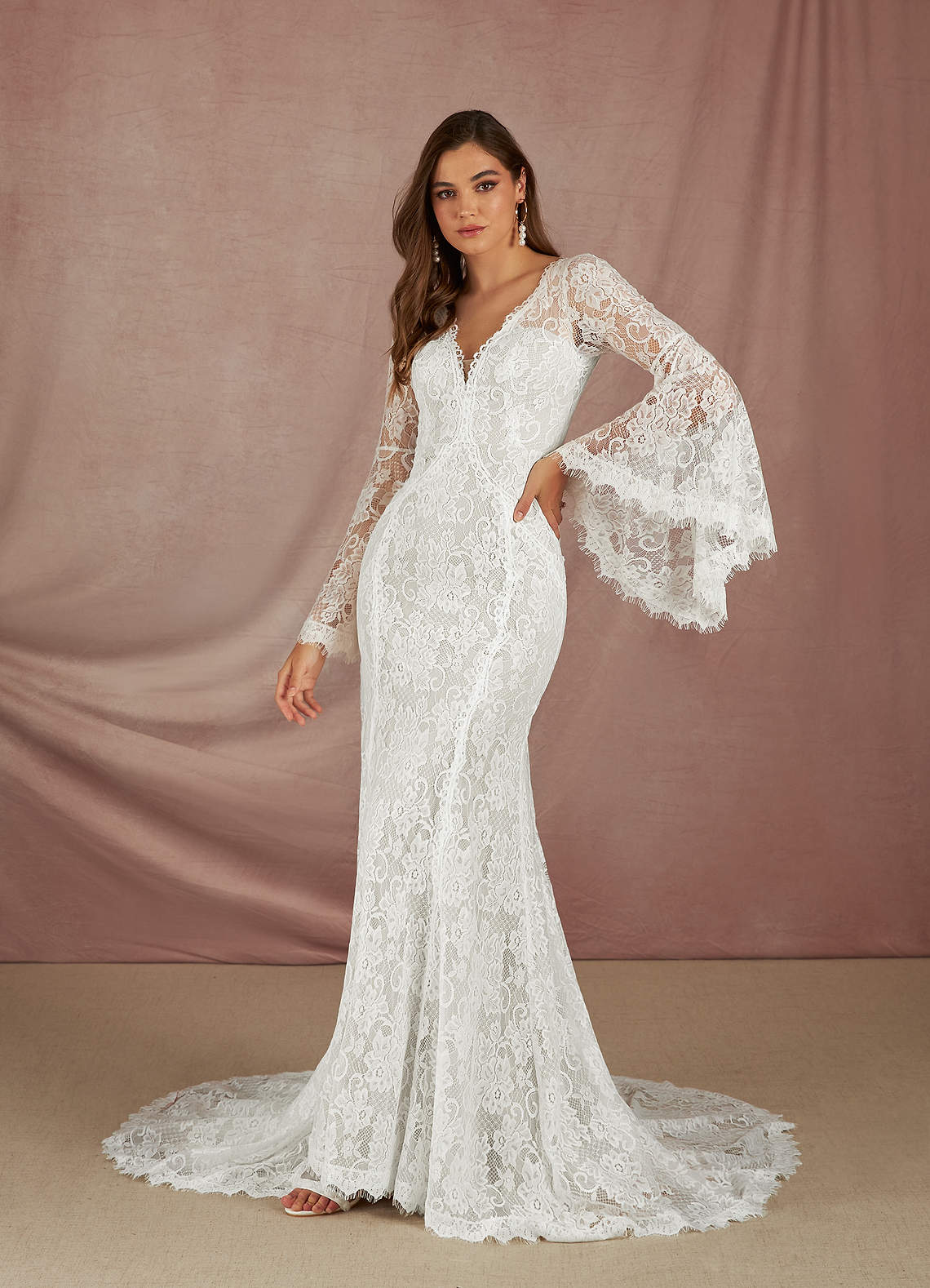 Diamond White Azazie Hayes Mermaid V-Neck Lace Chapel Train Dress