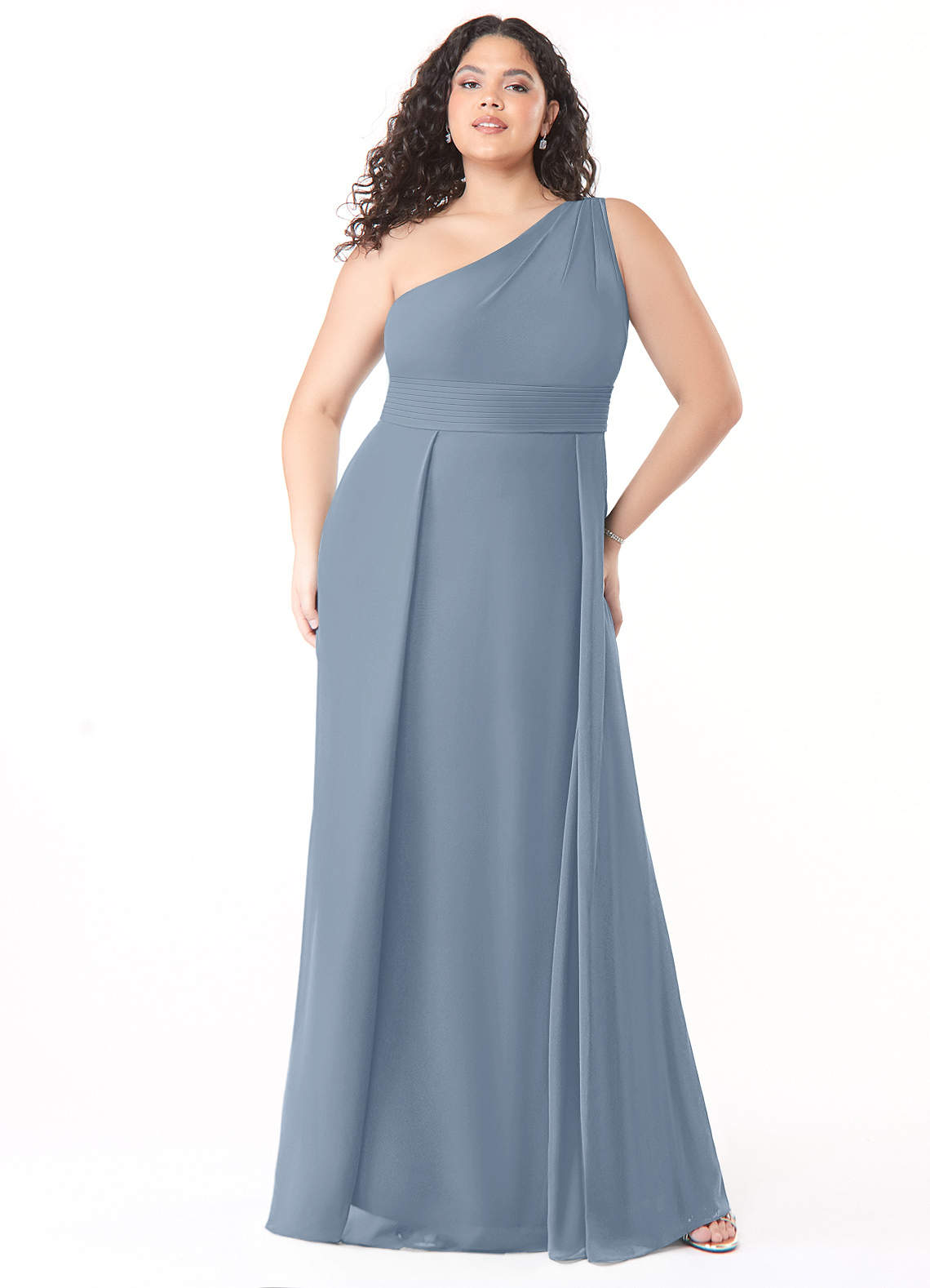 Azazie Dallas Bridesmaid Dresses Dusty Blue A-Line One Shoulder Chiffon Dress image1