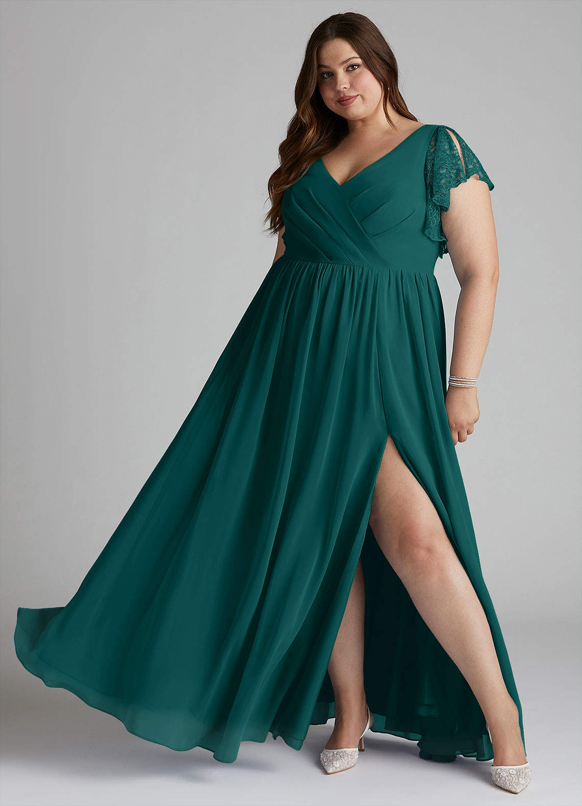 Azazie Zella Bridesmaid Dresses Peacock A-Line Lace Chiffon Dress image1