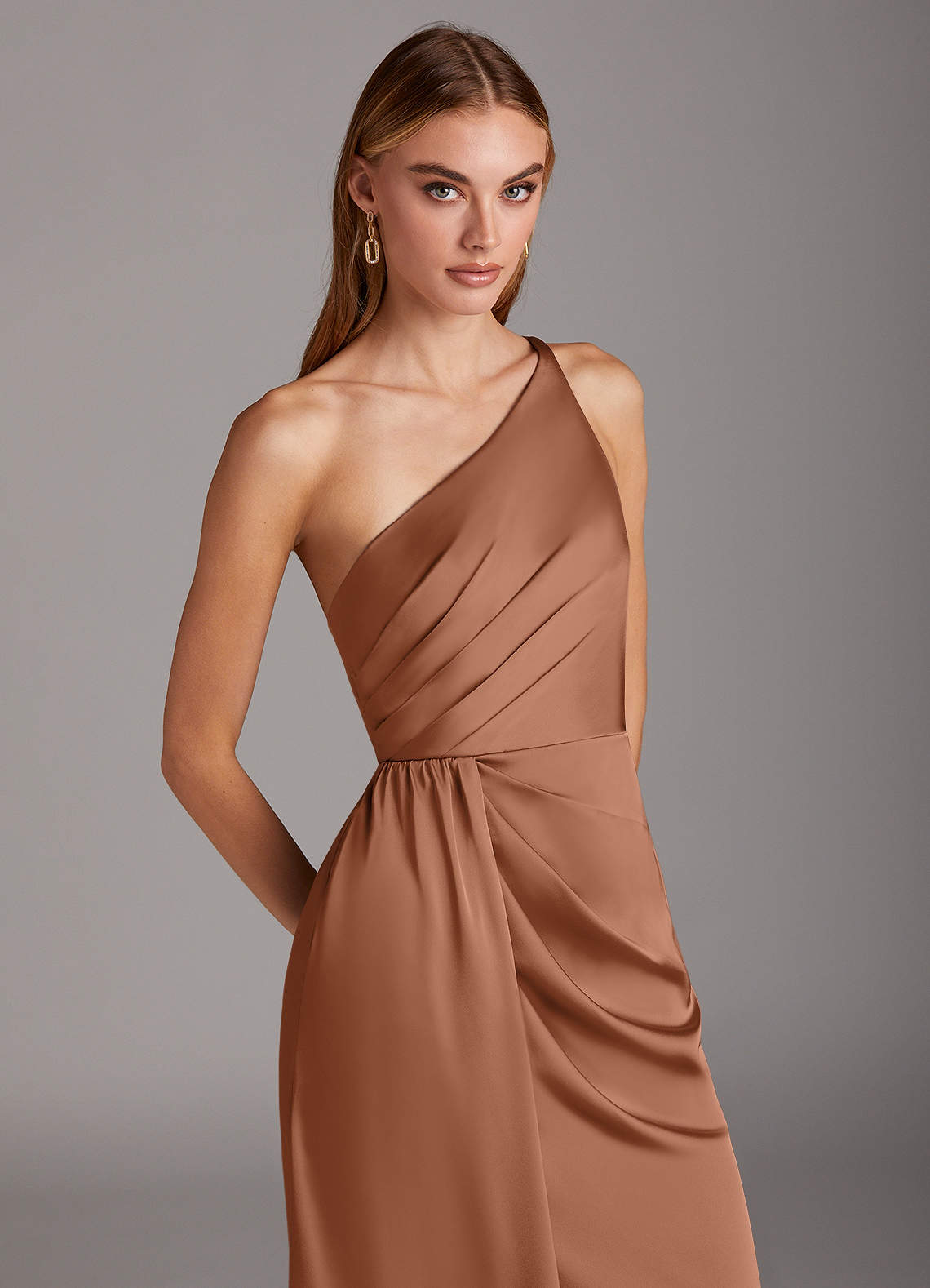 princess polly baby blue dress Azazie Mika Ready to Ship Bronzer Stretch Satin Bridesmaid Dresses