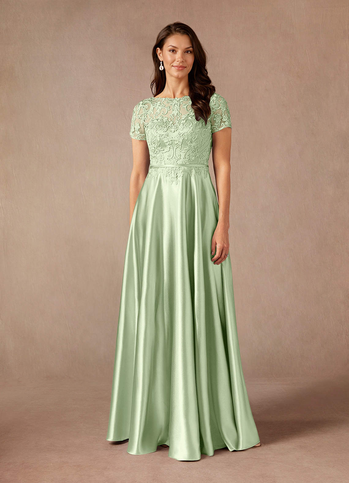 Azazie Adina Mother of the Bride Dresses Dusty Sage A-Line Lace Metallic Satin Dress image1