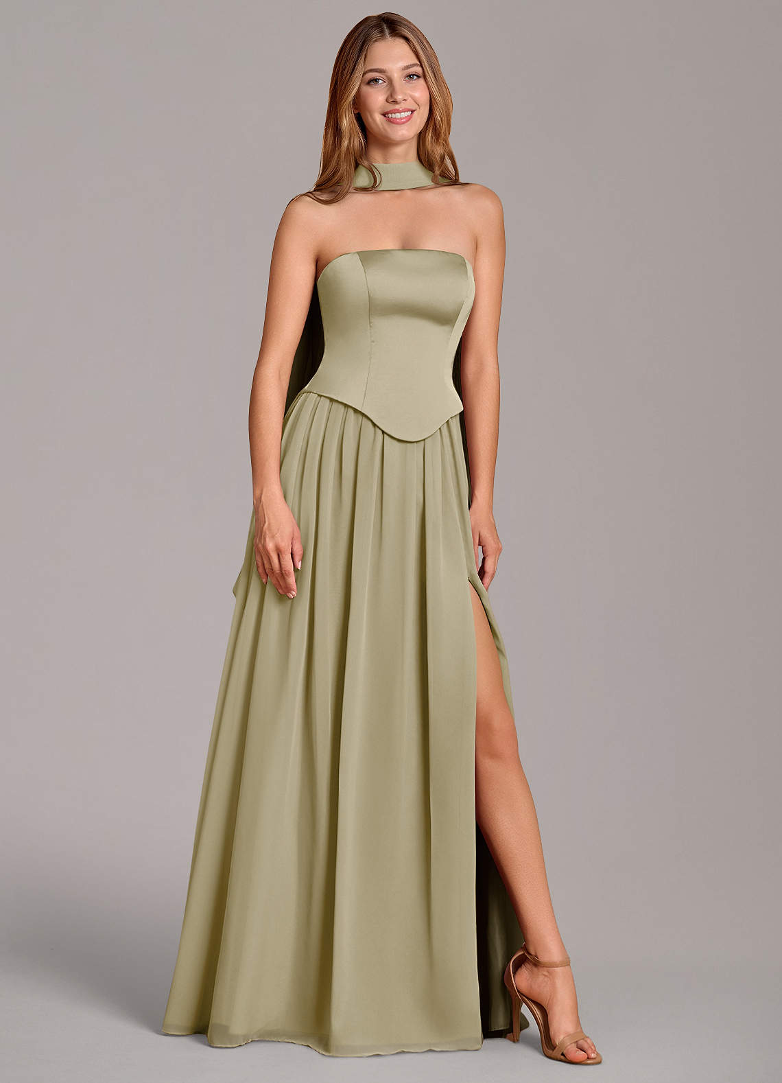 Azazie Cadence Bridesmaid Dresses Moss Green A-Line Corset Stretch Satin Convertible Dress image1