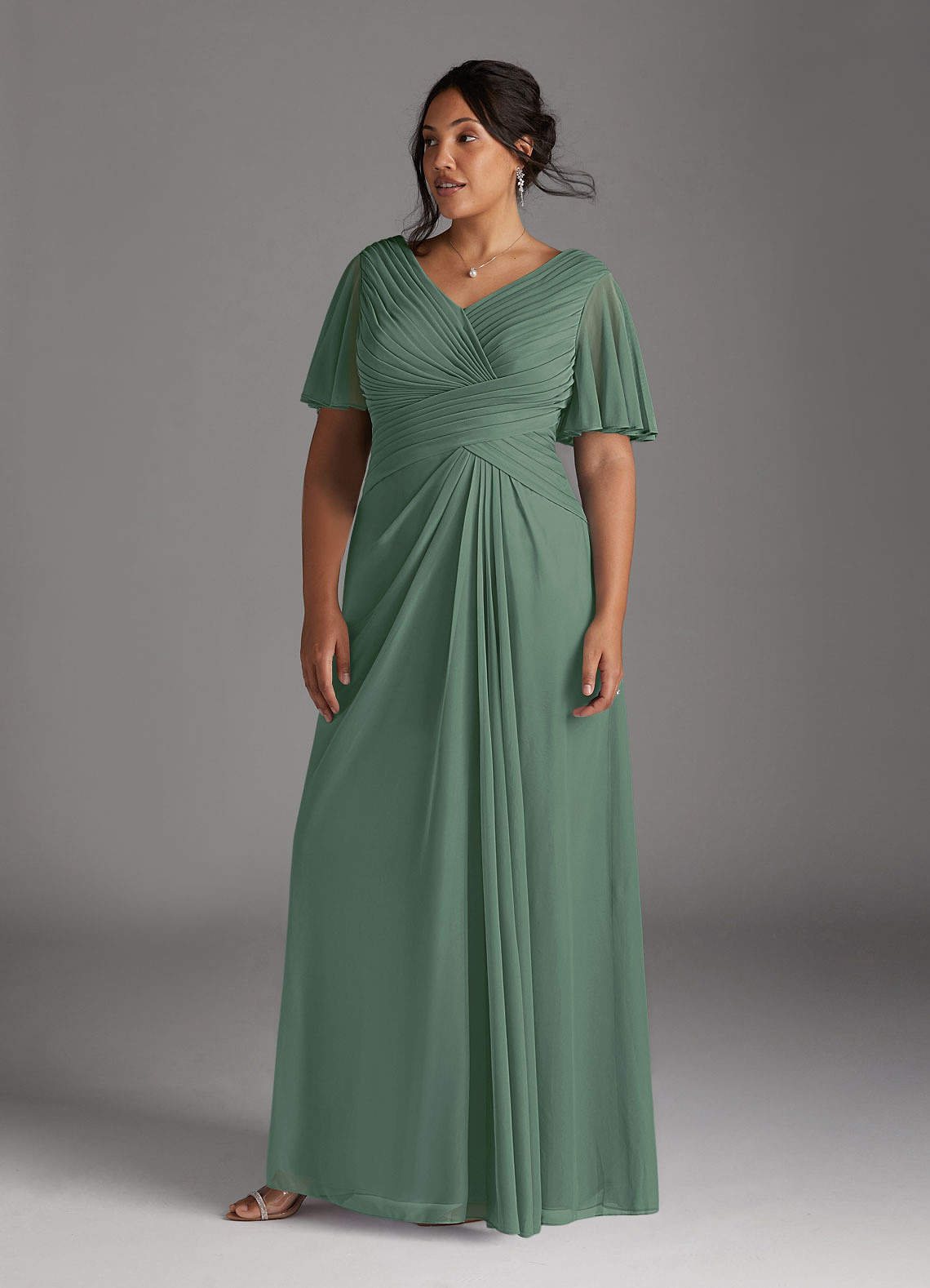 Azazie Emmeline Mother of the Bride Dresses Eucalyptus A-Line V-Neck Pleated Mesh Dress image6