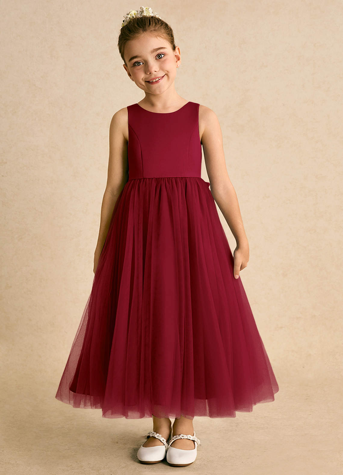 Azazie Solia Robe Demoiselle D'honneur Fillette Robe Princesse en Tulle Arc Bourgogne image2