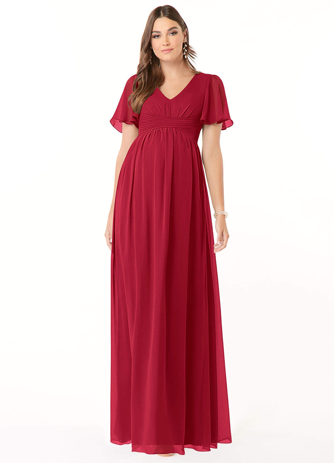 Azazie Verna Zwangerschaps Bruidsmeisjekleding A-Lijn V-hals Gerimpeld Chiffon Vloerlengte Jurk image1