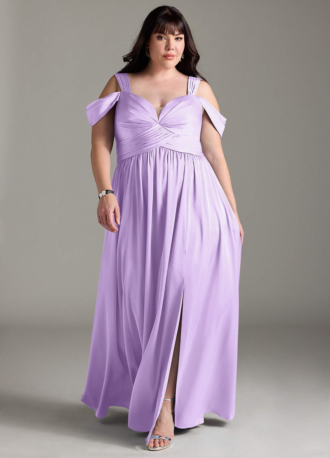 Azazie Lianne Bridesmaid Dresses Lilac A-Line Off the Shoulder Stretch Satin Dress image1