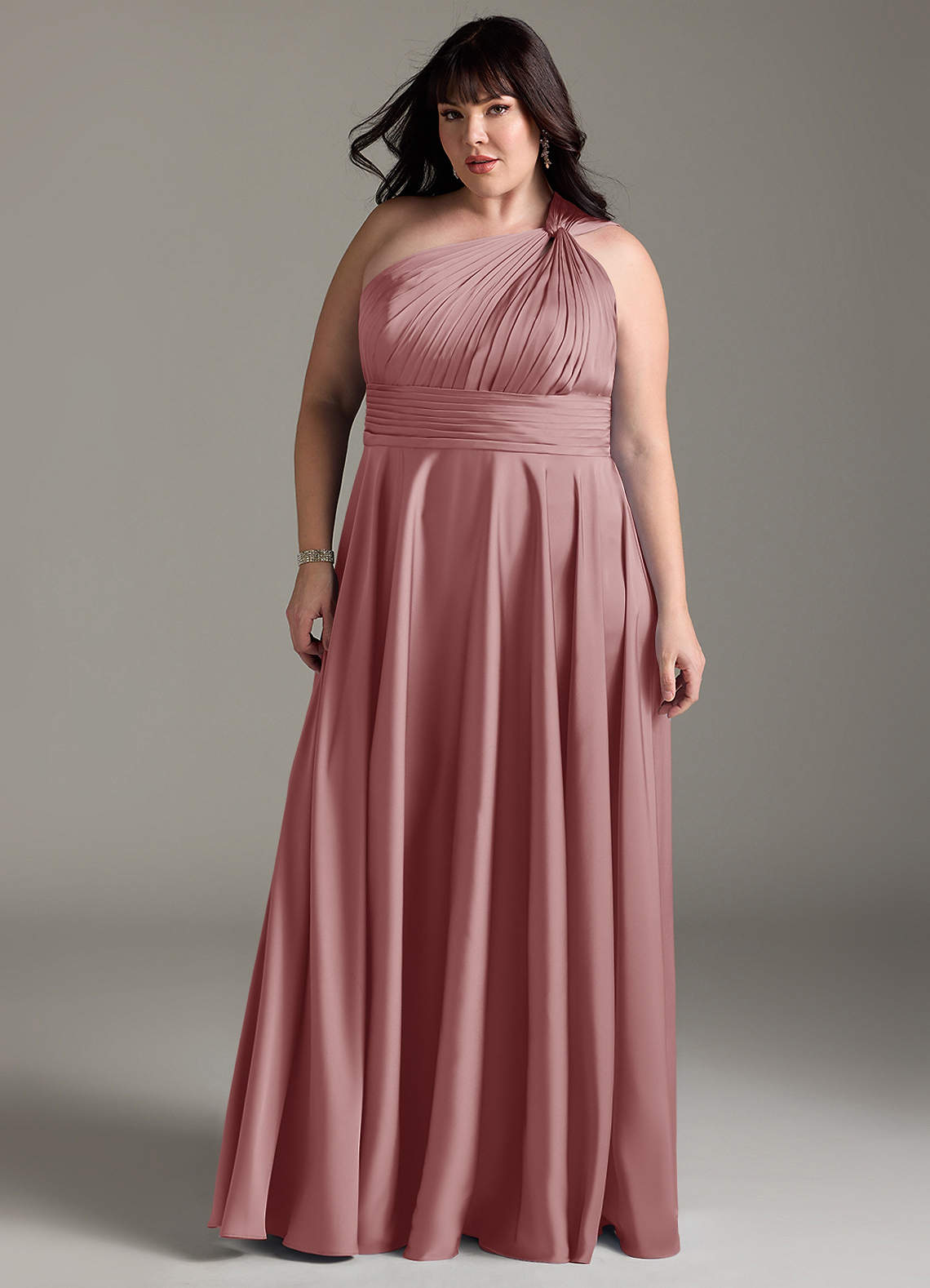 Azazie Charlize Bridesmaid Dresses Dusty Rose A-Line One Shoulder Stretch Satin Dress image12