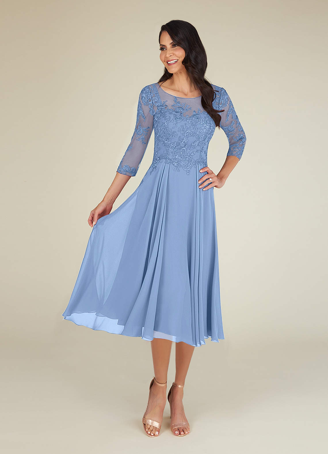 A-Line Lace Applique Chiffon Tea-Length Dress Peacock