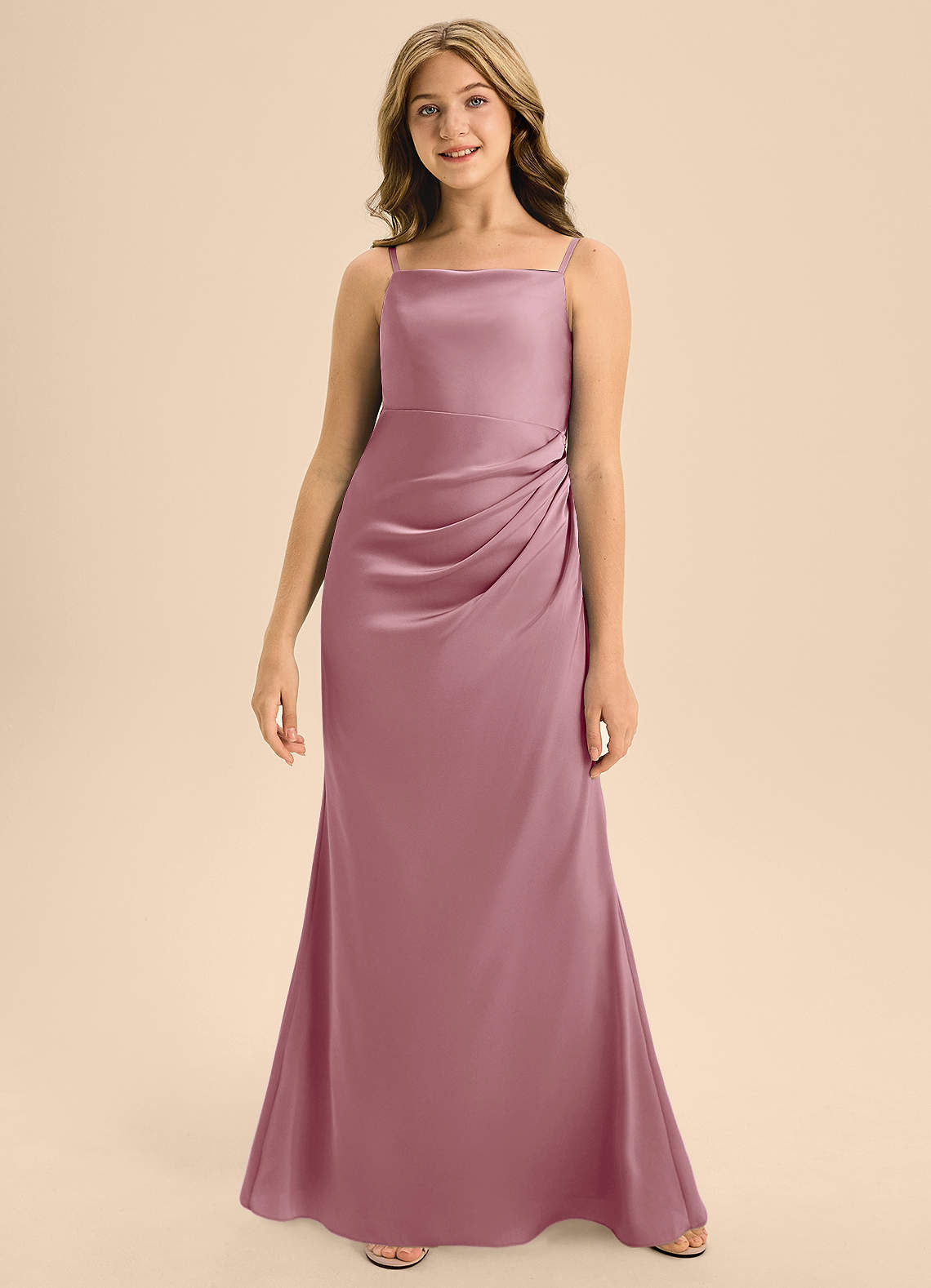 Azazie Renna Junior Vestido de Malva Vintage de Satén Elástico de Corte en A con Plisado image3