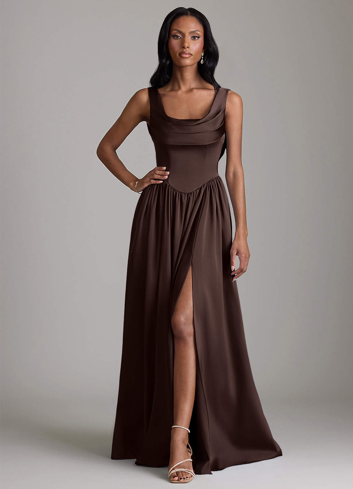 ✨新作/新品✨ANDRESD satin dressブラウン Azazie Novi Ganache Stretch Satin Bridesmaid Dresses | Azazie