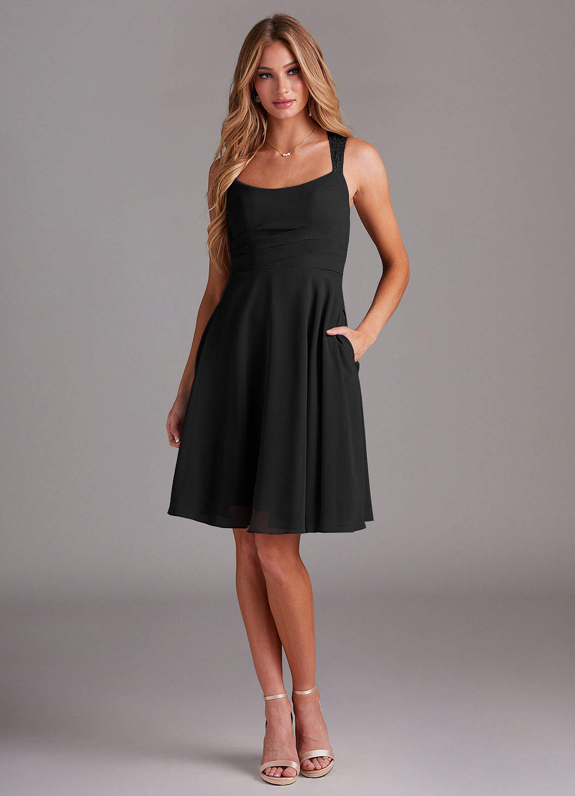 Azazie Vina Brautjungfernkleider A-Linie Spitze Chiffon Kleid Schwarz image1