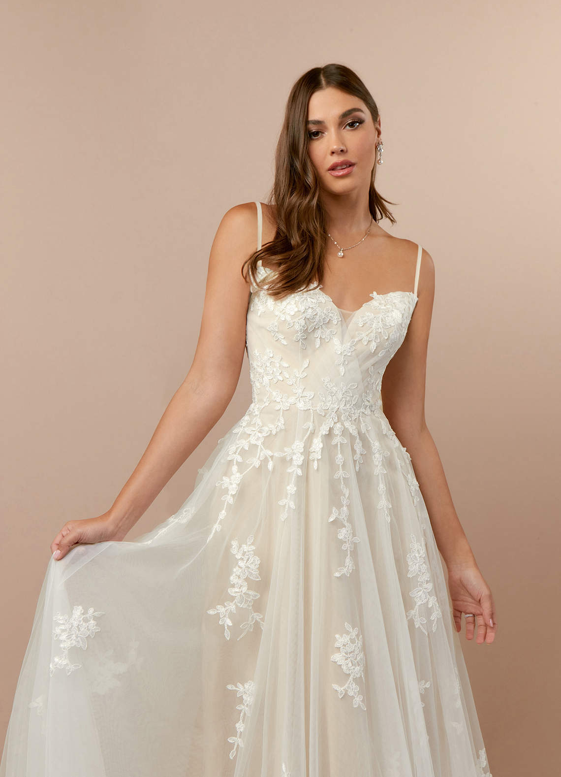 Azazie Botanica At-home Try On Dresses Diamond White Champagne A-Line Off the Shoulder Tulle Dress image4