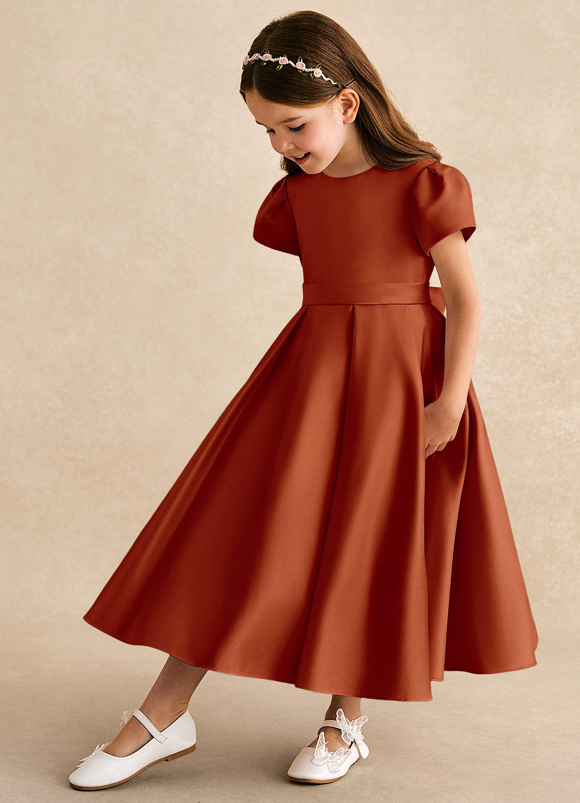 Azazie Princess Flower Girl Dresses Paprika A-Line Pleated Matte Satin Dress image1