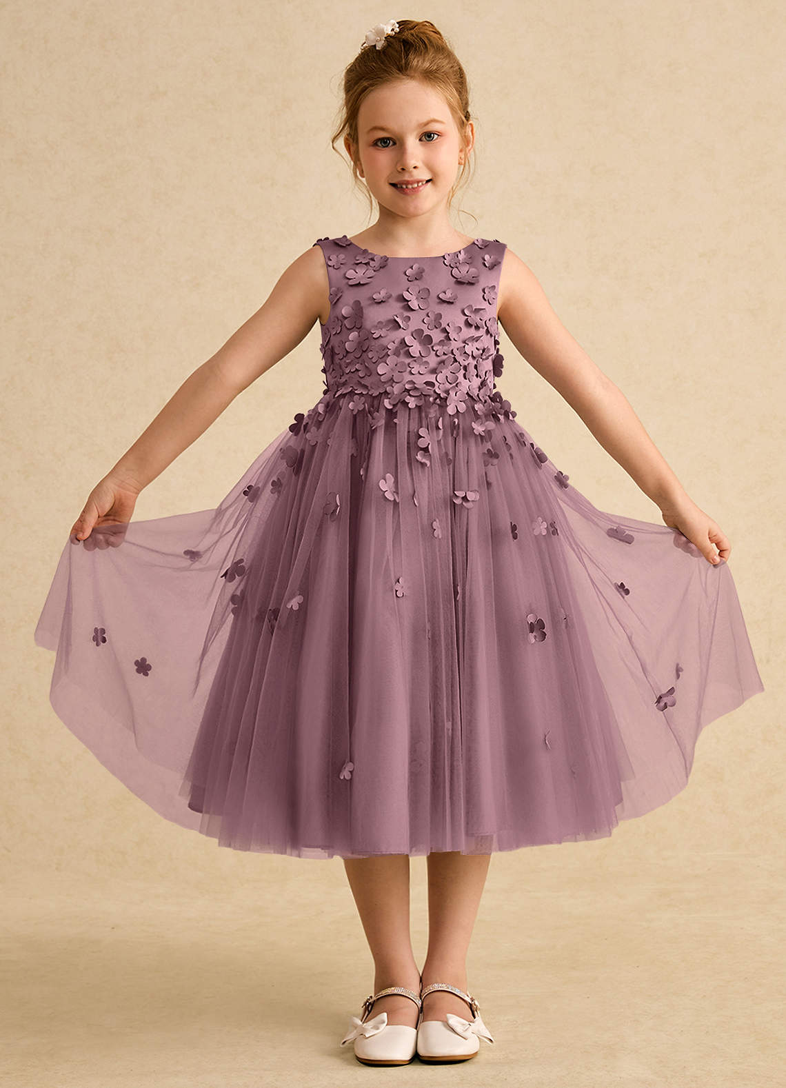 Azazie Lana Flower Girl Dresses Vintage Mauve A-Line Sleeveless Matte Satin Dress image1
