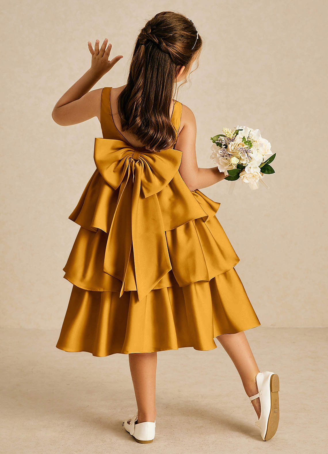 Azazie Margery Flower Girl Dresses Butterscotch A-Line Bow Stretch Satin Dress image1
