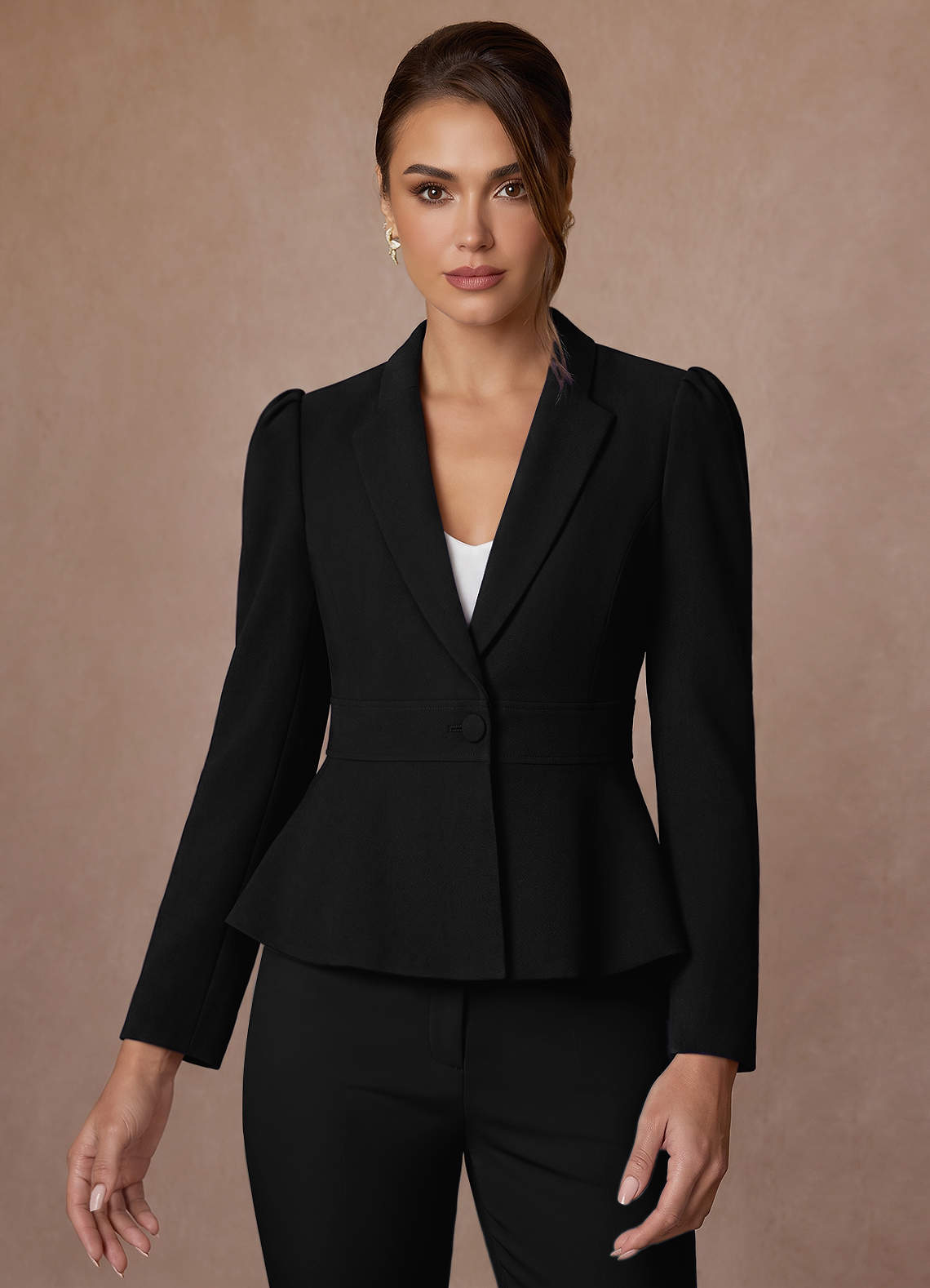 front Amara Black Refined Weave Tailored Peplum Blazer
