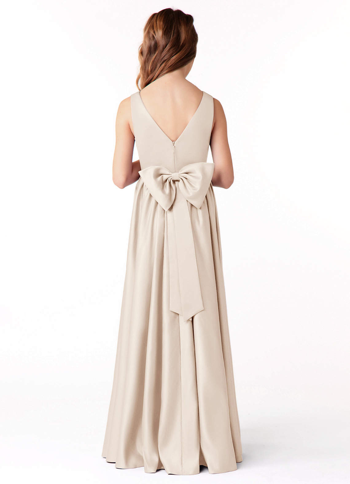 Azazie Hathaway Junior White Alabaster A-Line Bow Stretch Satin Dress image1