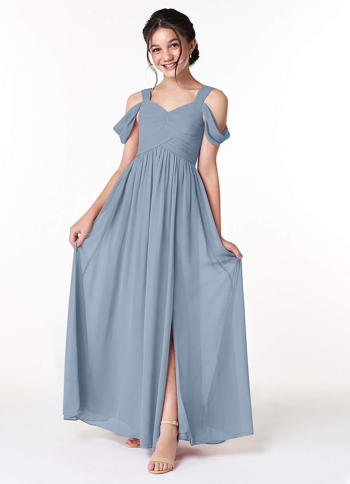 Azazie Lianne Junior Jurk van Chiffon met A-Lijn Off the Shoulder Stoffig Blauw image1