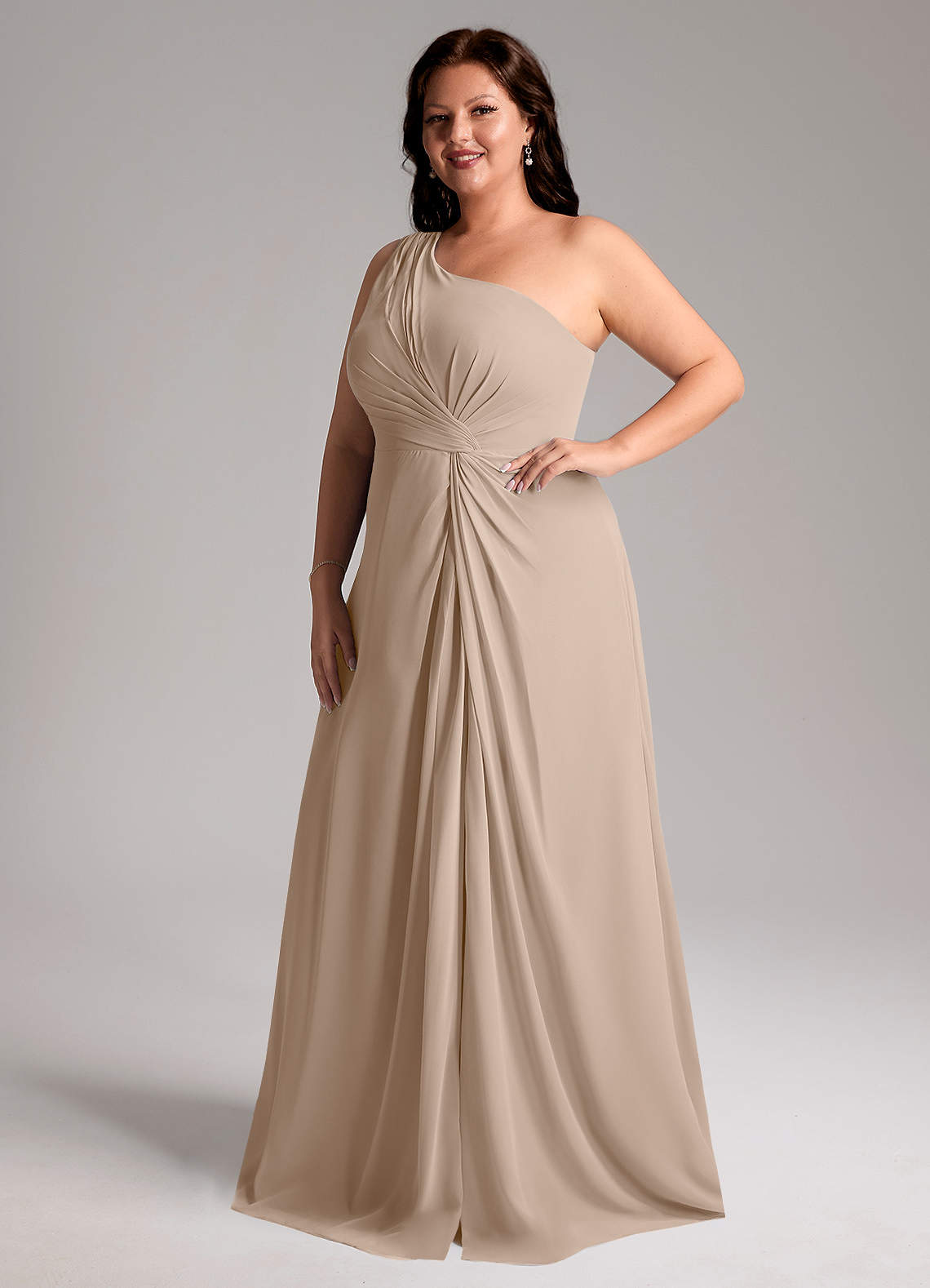 Azazie Brooke Bridesmaid Dresses Taupe A-Line One Shoulder Chiffon Dress image1