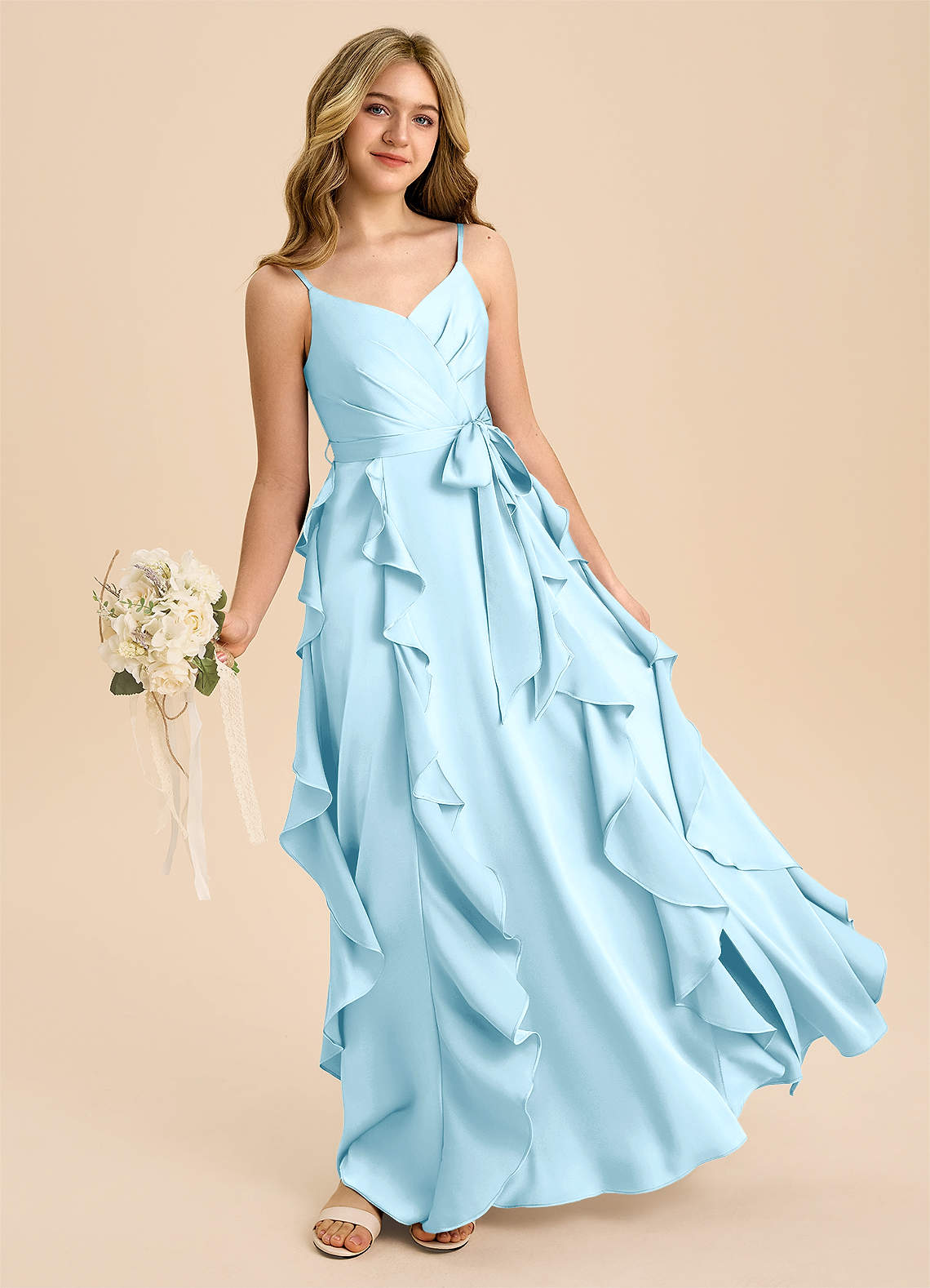 satin junior bridesmaid dresses Dress Square Neck A-Line Gown with Bow COCOMELODY B0C7KY63LX neckline with spaghetti straps Satin Junior Bridesmaid Dress |