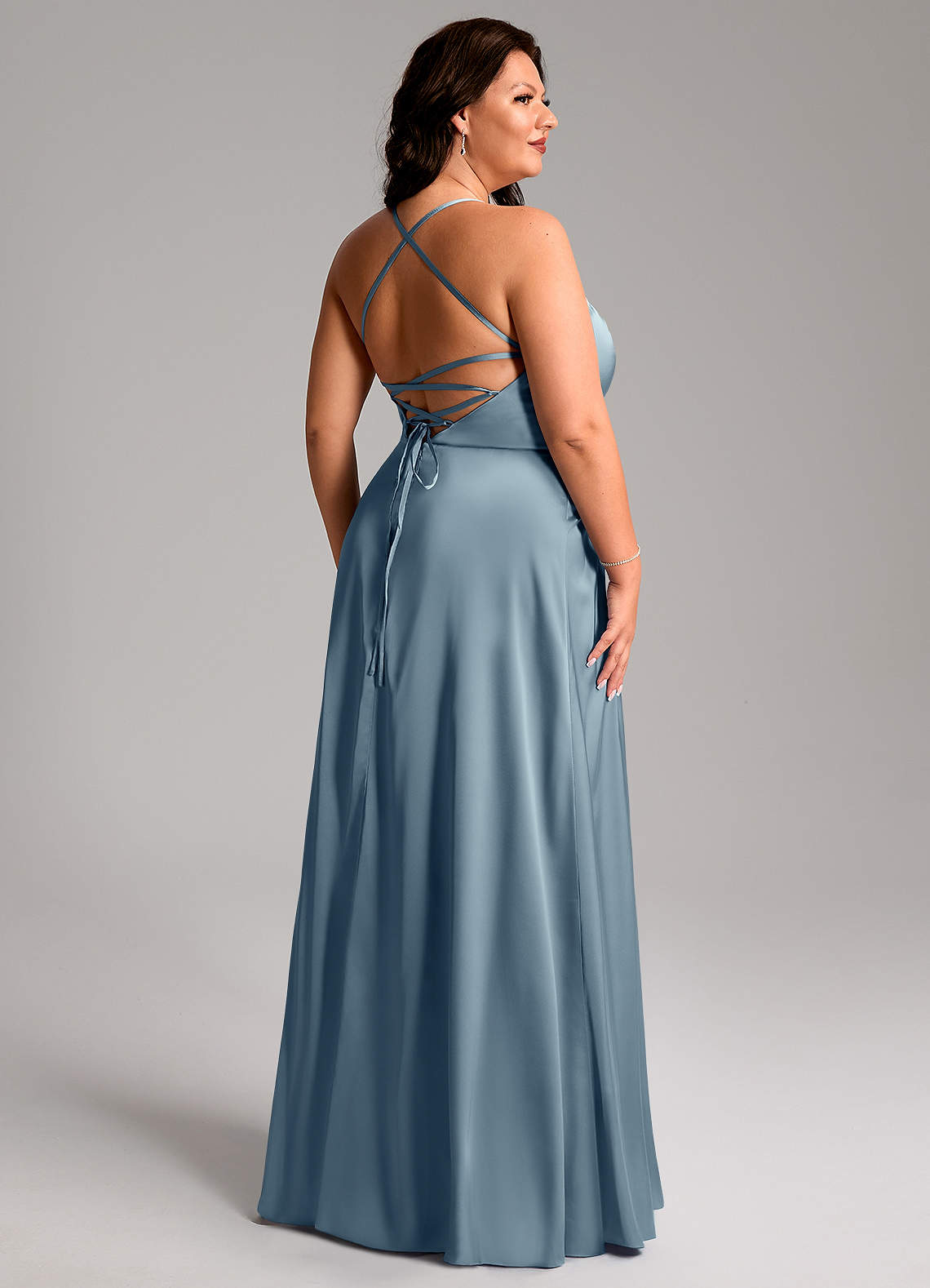 Azazie Mei Bridesmaid Dresses Dusty Blue A-Line V-Neck Stretch Satin Dress image10