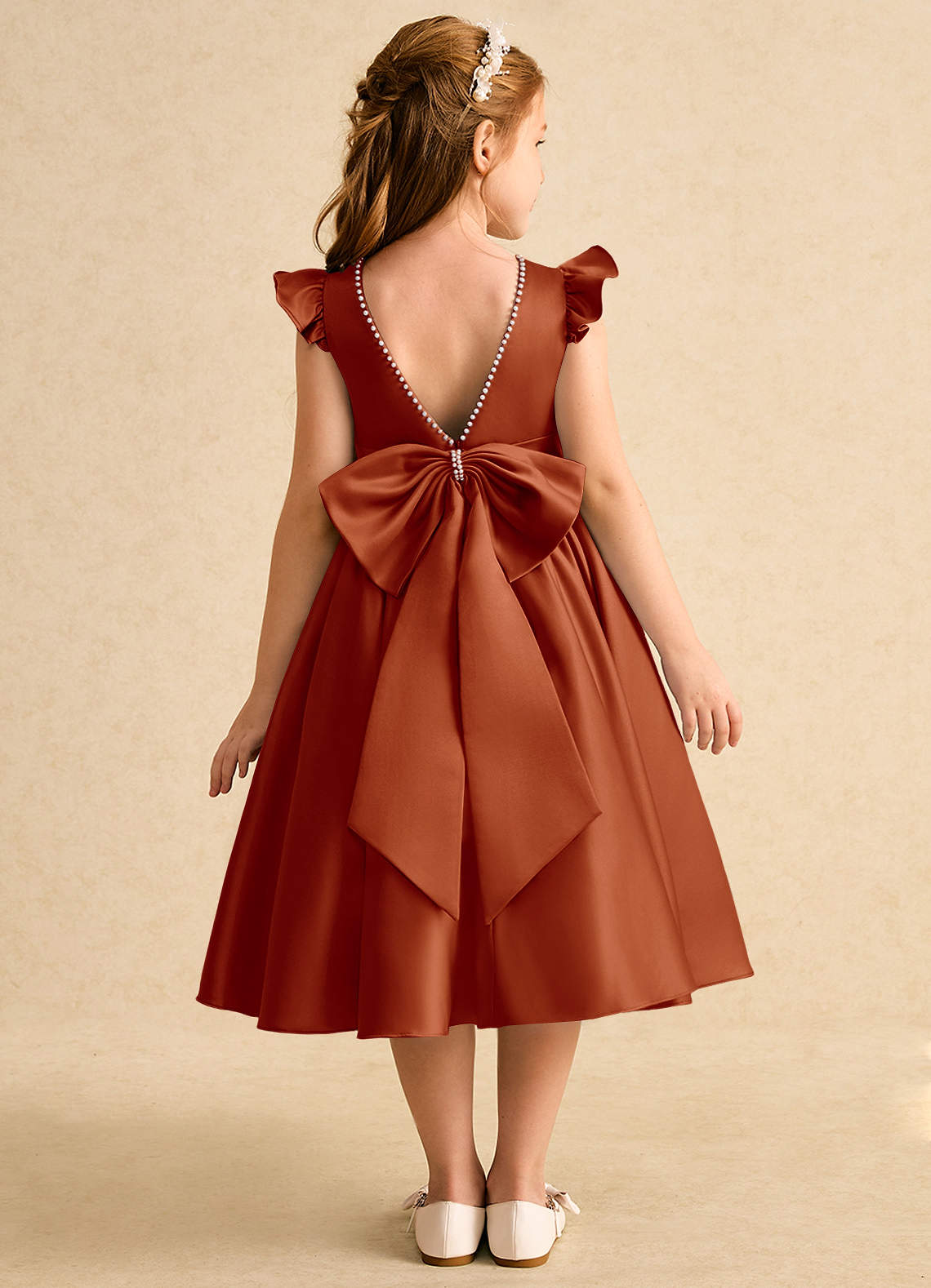 Azazie Dumpling Flower Girl Dresses Paprika A-Line Bow Matte Satin Dress image1