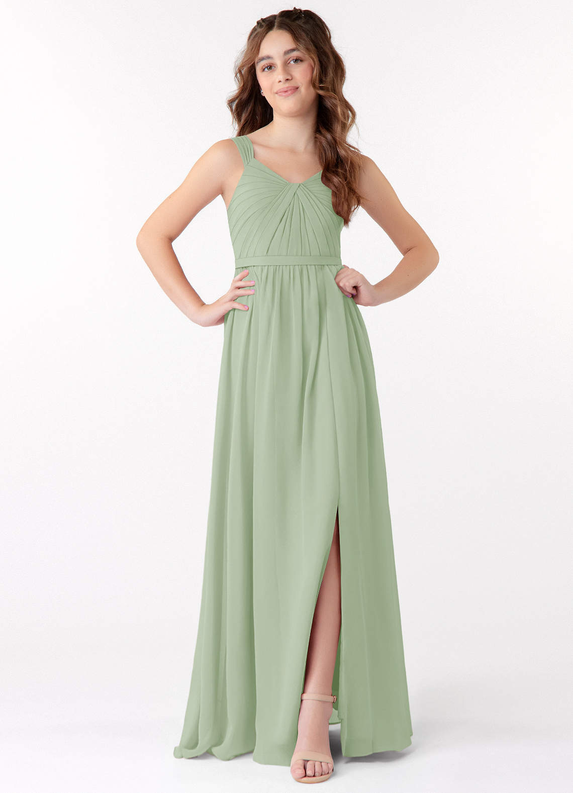 Azazie Evie Junior Abito A-Line in Chiffon Plissettato Verde Salvia image1
