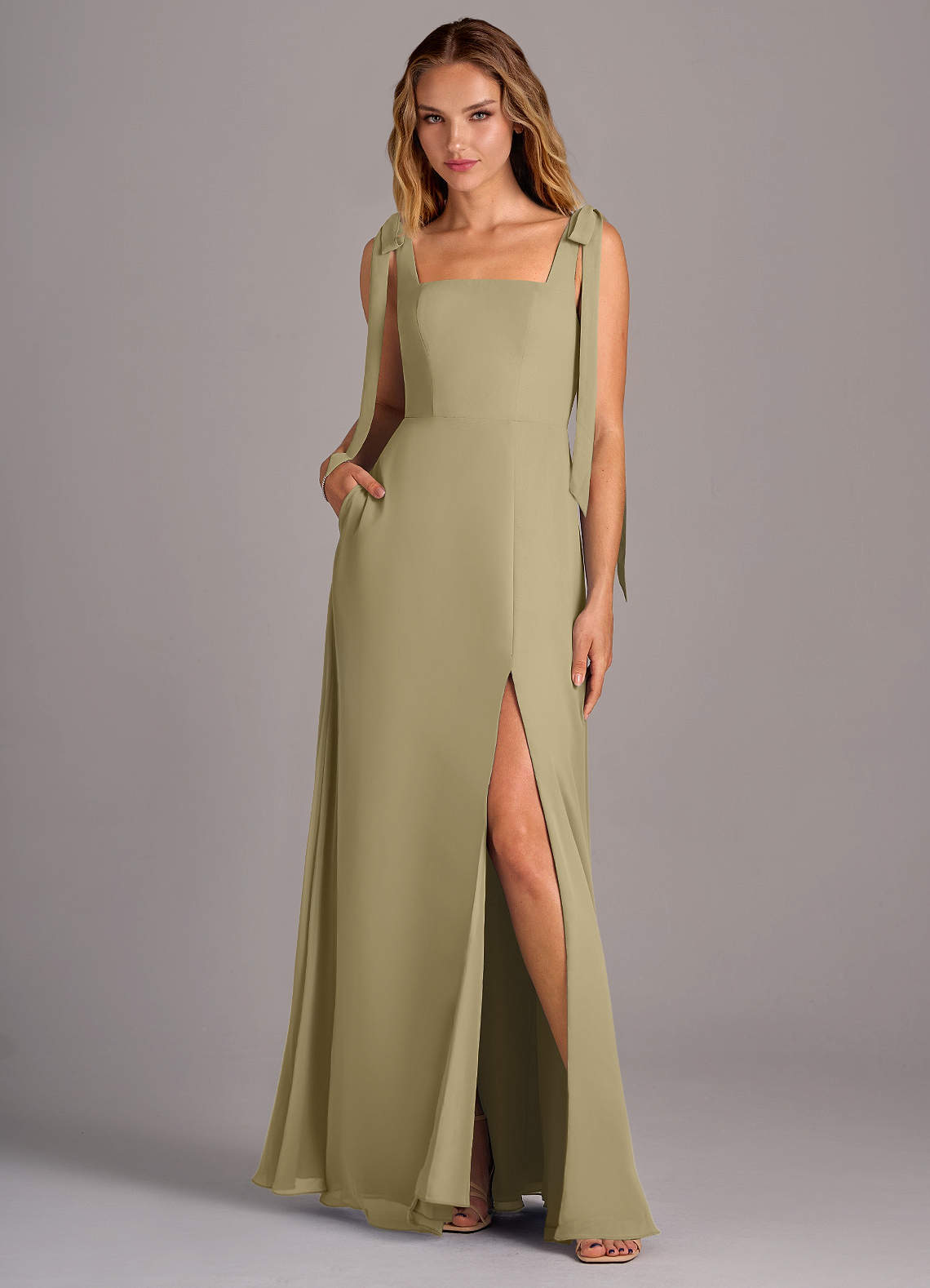 Azazie Debra Brautjungfernkleider Wandelbar A-Linie mit Taschen Chiffon Kleid Moosgrün image1